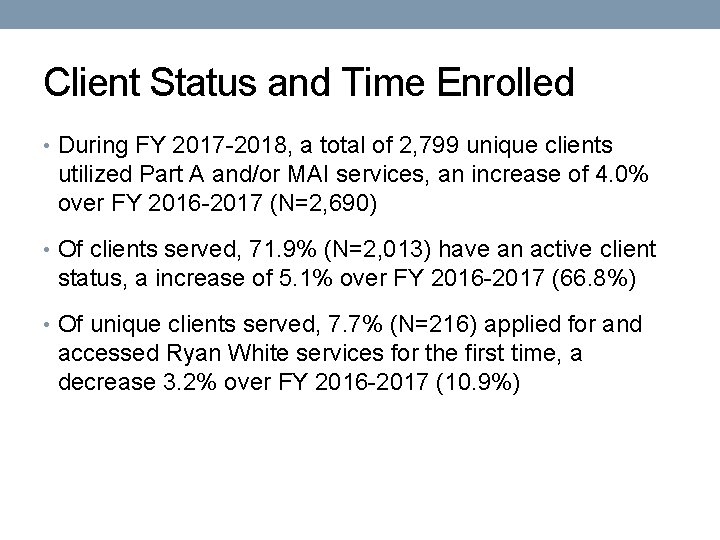 Client Status and Time Enrolled • During FY 2017 -2018, a total of 2,