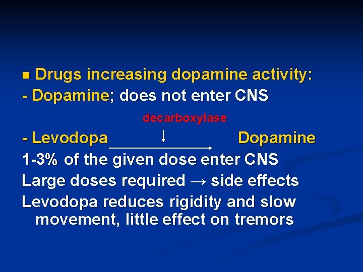 Drugs increasing dopamine activity: - Dopamine; does not enter CNS n decarboxylase - Levodopa