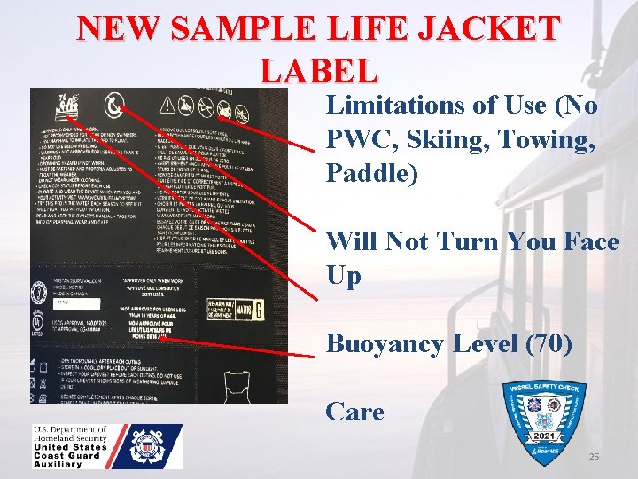 NEW SAMPLE LIFE JACKET LABEL Limitations of Use (No PWC, Skiing, Towing, Paddle) Will