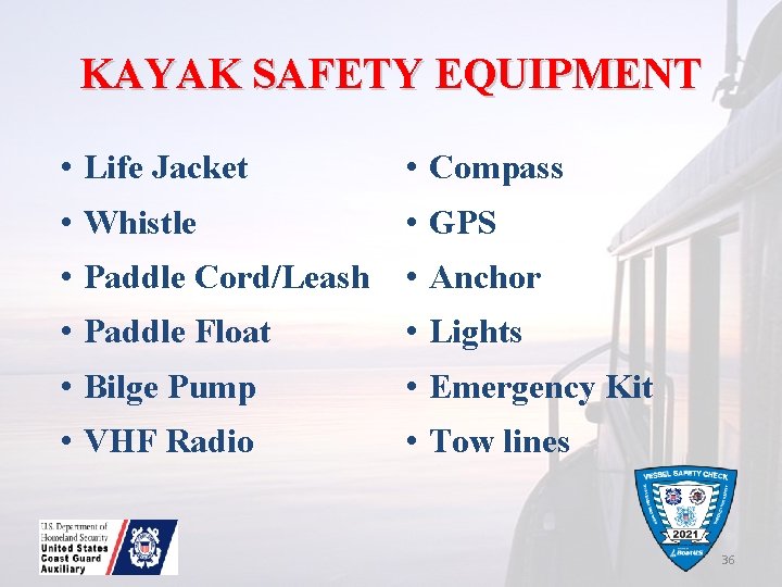 KAYAK SAFETY EQUIPMENT • Life Jacket • Compass • Whistle • GPS • Paddle