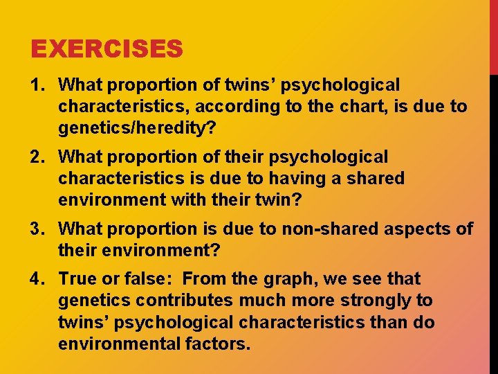 EXERCISES 1. What proportion of twins’ psychological characteristics, according to the chart, is due