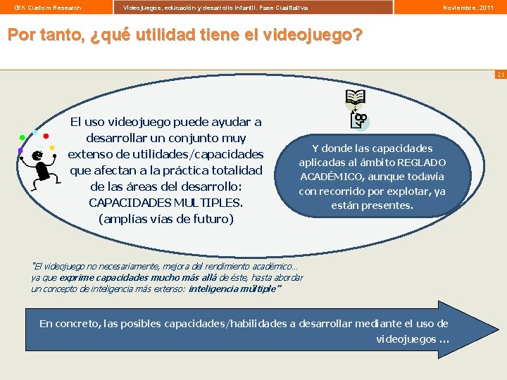 Gf. K Custom Research Videojuegos, educación y desarrollo infantil. Fase Cualitativa Noviembre, 2011 Por