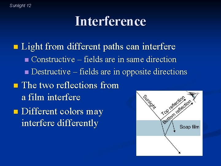 Sunlight 12 Interference n Light from different paths can interfere Constructive – fields are