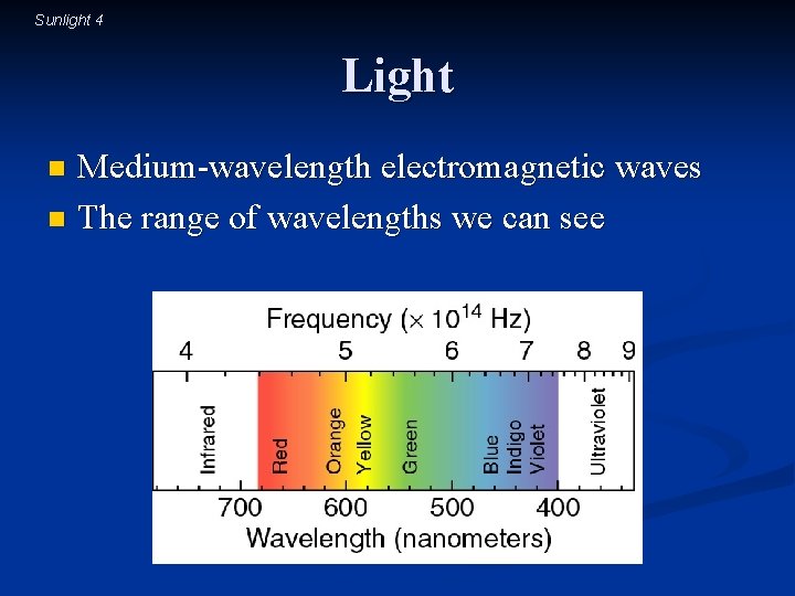 Sunlight 4 Light Medium-wavelength electromagnetic waves n The range of wavelengths we can see
