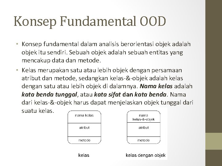Konsep Fundamental OOD • Konsep fundamental dalam analisis berorientasi objek adalah objek itu sendiri.