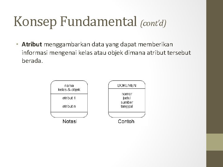 Konsep Fundamental (cont’d) • Atribut menggambarkan data yang dapat memberikan informasi mengenai kelas atau