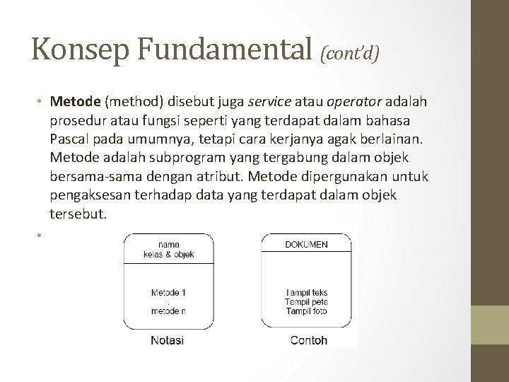 Konsep Fundamental (cont’d) • Metode (method) disebut juga service atau operator adalah prosedur atau