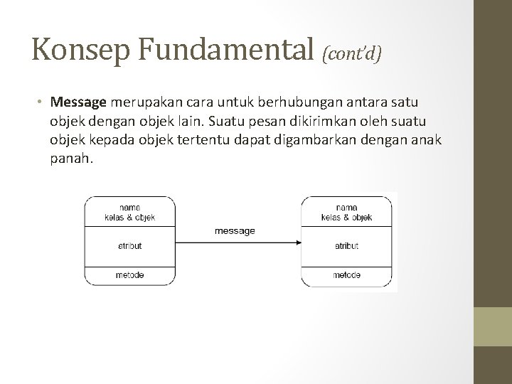 Konsep Fundamental (cont’d) • Message merupakan cara untuk berhubungan antara satu objek dengan objek