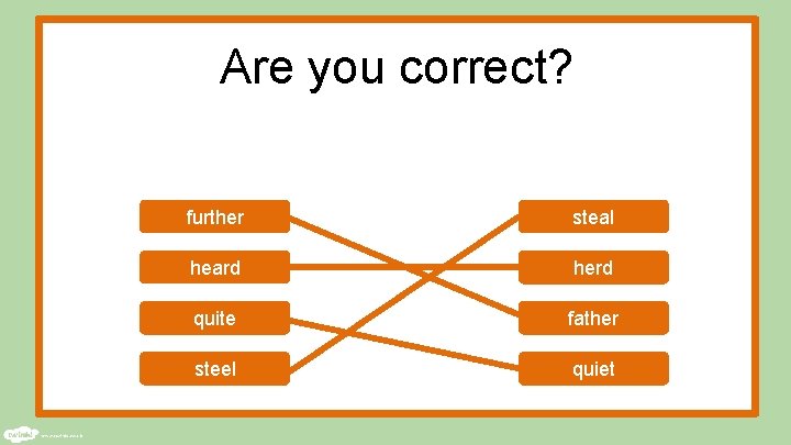 Are you correct? further steal heard herd quite father steel quiet 