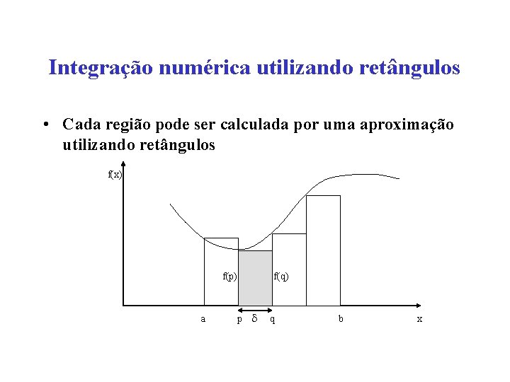 Integração numérica utilizando retângulos • Cada região pode ser calculada por uma aproximação utilizando