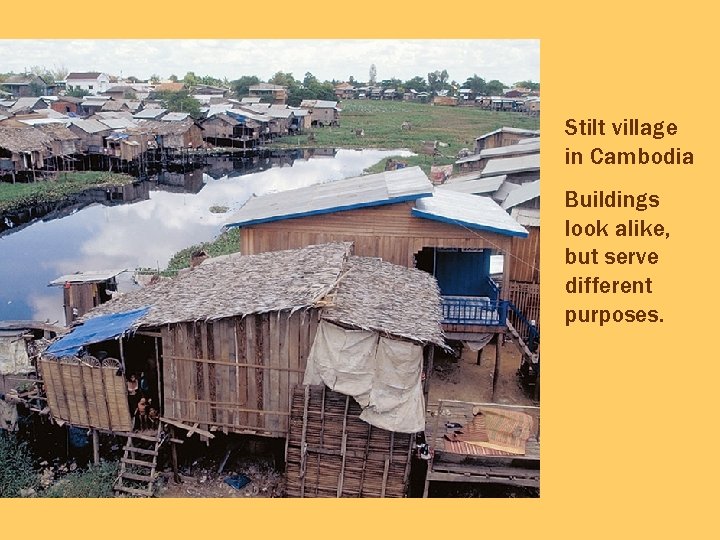 Stilt village in Cambodia Buildings look alike, but serve different purposes. 