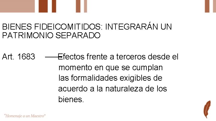 BIENES FIDEICOMITIDOS: INTEGRARÁN UN PATRIMONIO SEPARADO Art. 1683 Efectos frente a terceros desde el