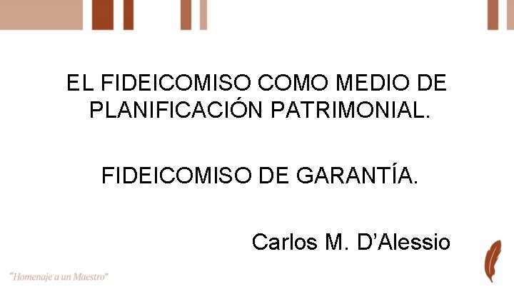 EL FIDEICOMISO COMO MEDIO DE PLANIFICACIÓN PATRIMONIAL. FIDEICOMISO DE GARANTÍA. Carlos M. D’Alessio 