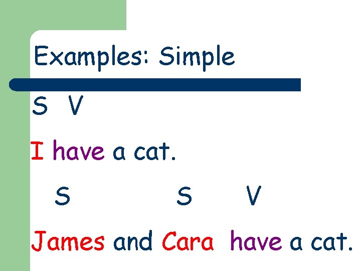 Examples: Simple S V I have a cat. S S V James and Cara