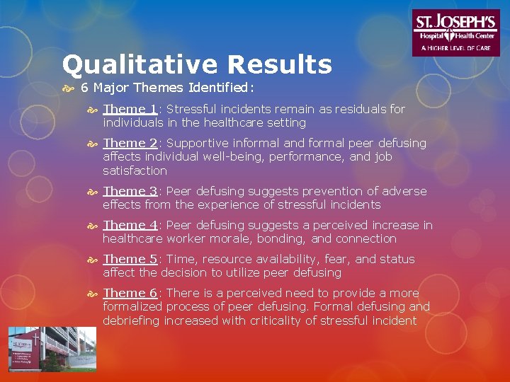 Qualitative Results 6 Major Themes Identified: Theme 1: Stressful incidents remain as residuals for