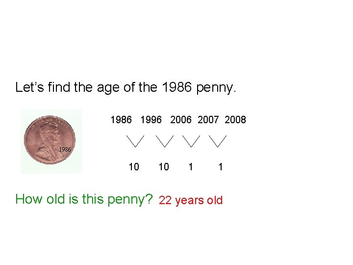 Let’s find the age of the 1986 penny. 1986 1996 2007 2008 1986 10