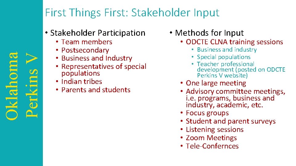 First Things First: Stakeholder Input Oklahoma Perkins V • Stakeholder Participation Team members Postsecondary