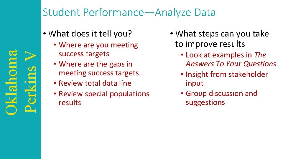 Student Performance—Analyze Data Oklahoma Perkins V • What does it tell you? • Where