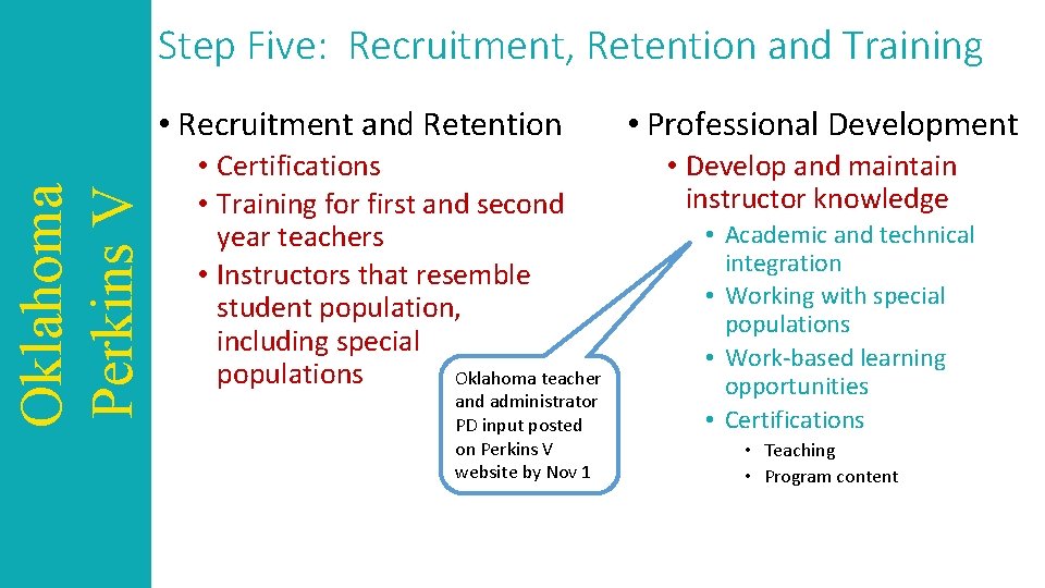 Step Five: Recruitment, Retention and Training Oklahoma Perkins V • Recruitment and Retention •