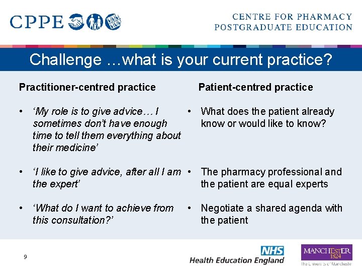 Challenge …what is your current practice? Practitioner-centred practice Patient-centred practice • What does the