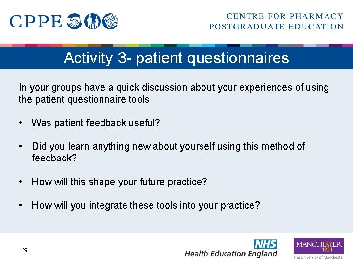 Activity 3 - patient questionnaires In your groups have a quick discussion about your