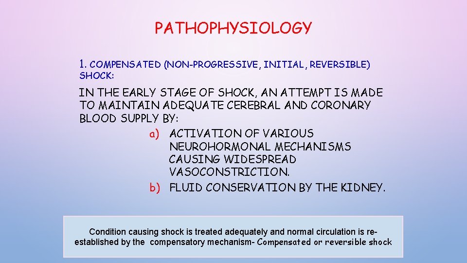PATHOPHYSIOLOGY 1. COMPENSATED (NON-PROGRESSIVE, INITIAL, REVERSIBLE) SHOCK: IN THE EARLY STAGE OF SHOCK, AN PATHOPHYSIOLOGY 1. COMPENSATED (NON-PROGRESSIVE, INITIAL, REVERSIBLE) SHOCK: IN THE EARLY STAGE OF SHOCK, AN
