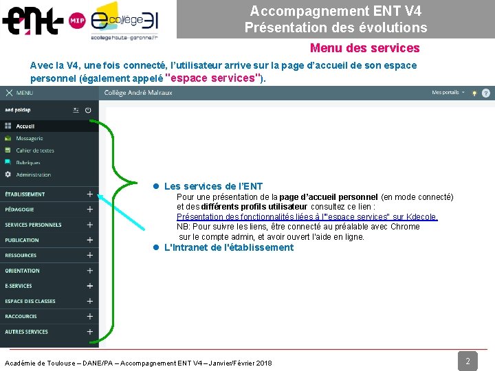 Accompagnement ENT V 4 Présentation des évolutions Menu des services Avec la V 4,