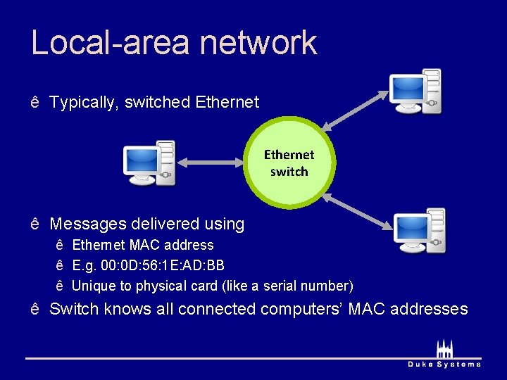Local-area network ê Typically, switched Ethernet switch ê Messages delivered using ê Ethernet MAC