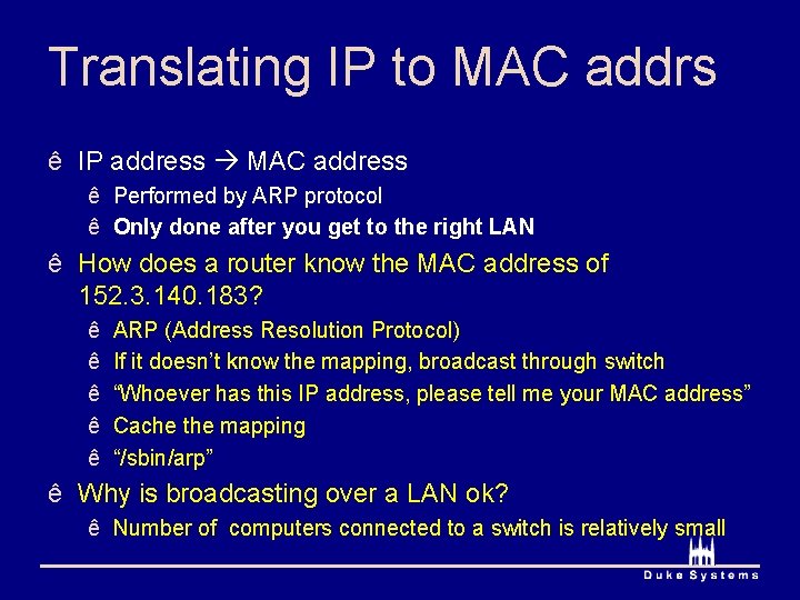 Translating IP to MAC addrs ê IP address MAC address ê Performed by ARP