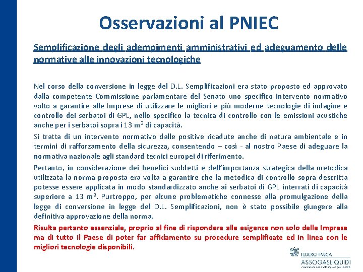 Osservazioni al PNIEC Semplificazione degli adempimenti amministrativi ed adeguamento delle normative alle innovazioni tecnologiche