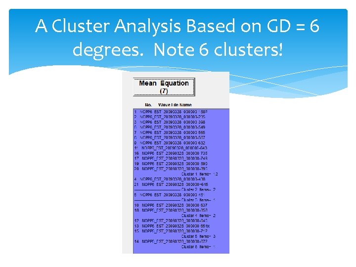 A Cluster Analysis Based on GD = 6 degrees. Note 6 clusters! A Cluster Analysis Based on GD = 6 degrees. Note 6 clusters!