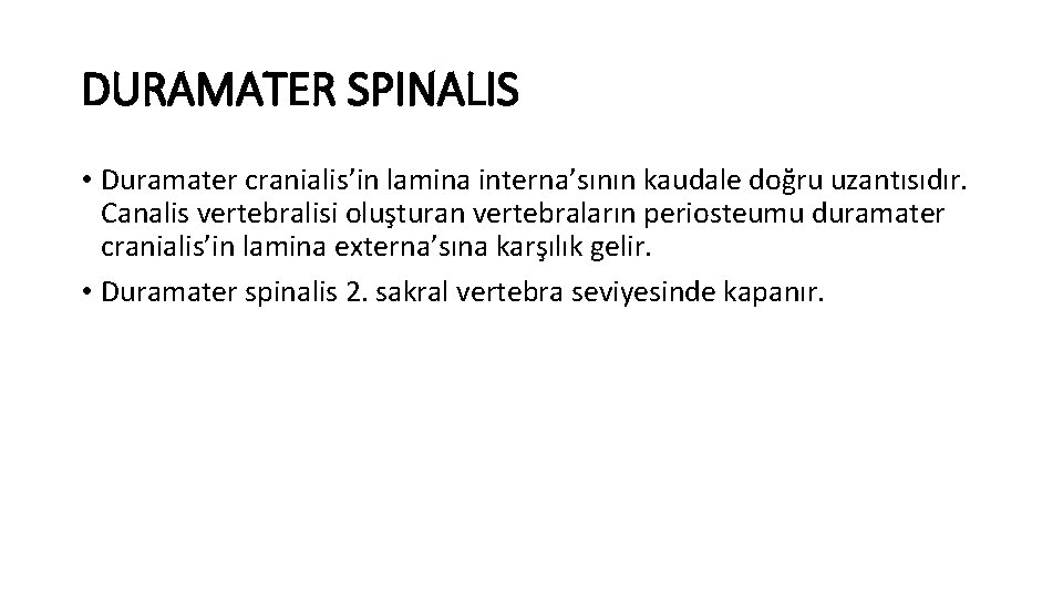 DURAMATER SPINALIS • Duramater cranialis’in lamina interna’sının kaudale doğru uzantısıdır. Canalis vertebralisi oluşturan vertebraların