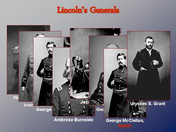 Lincoln’s Generals Winfield Scott Irwin Mc. Dowell George Mc. Clellan Joseph Hooker Ambrose Burnside