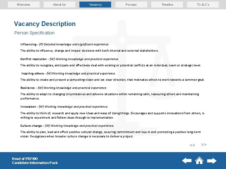 Welcome About Us Vacancy Process T’s & C’s Timeline Vacancy Description Person Specification Influencing