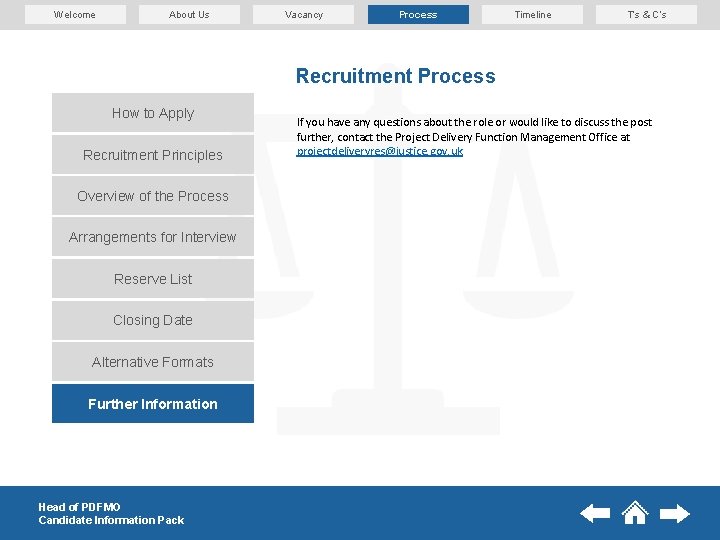 Welcome About Us Vacancy Process Timeline T’s & C’s Recruitment Process How to Apply