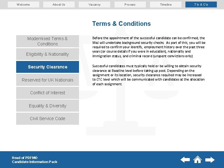 Welcome About Us Vacancy Process Timeline T’s & C’s Terms & Conditions Modernised Terms