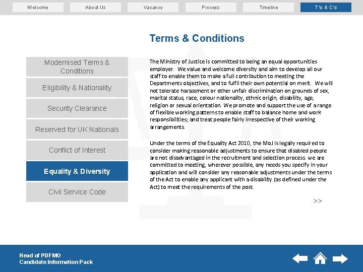 Welcome About Us Vacancy Process Timeline T’s & C’s Terms & Conditions Modernised Terms