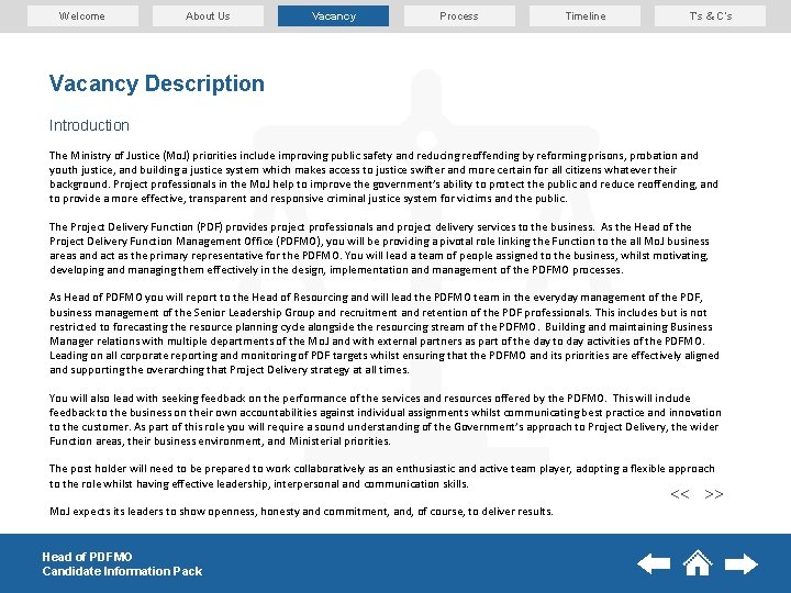 Welcome About Us Vacancy Process Timeline T’s & C’s Vacancy Description Introduction The Ministry