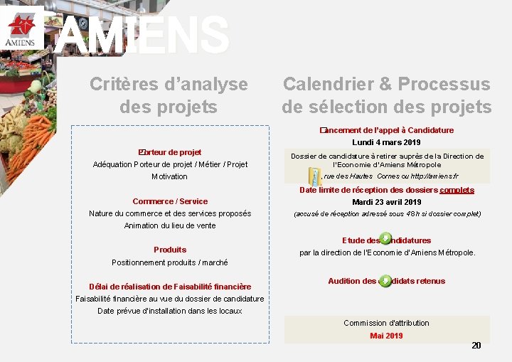 AMIENS Critères d’analyse des projets Calendrier & Processus de sélection des projets Lancement de