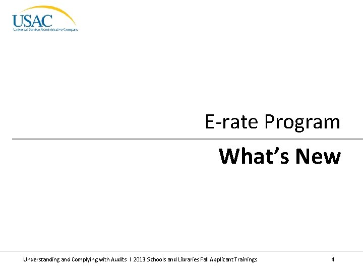 E-rate Program What’s New Understanding and Complying with Audits I 2013 Schools and Libraries