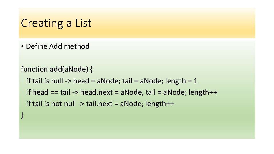 Creating a List • Define Add method function add(a. Node) { if tail is