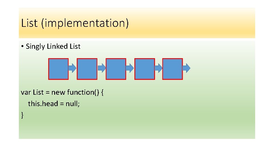 List (implementation) • Singly Linked List var List = new function() { this. head