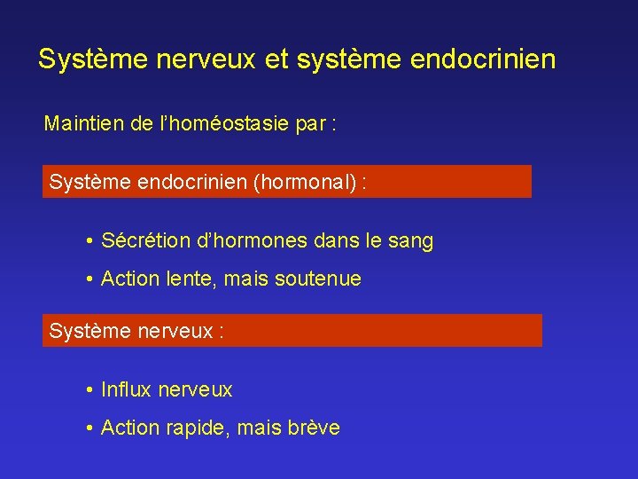 Système nerveux et système endocrinien Maintien de l’homéostasie par : Système endocrinien (hormonal) :