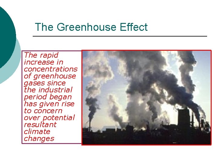 The Greenhouse Effect The rapid increase in concentrations of greenhouse gases since the industrial