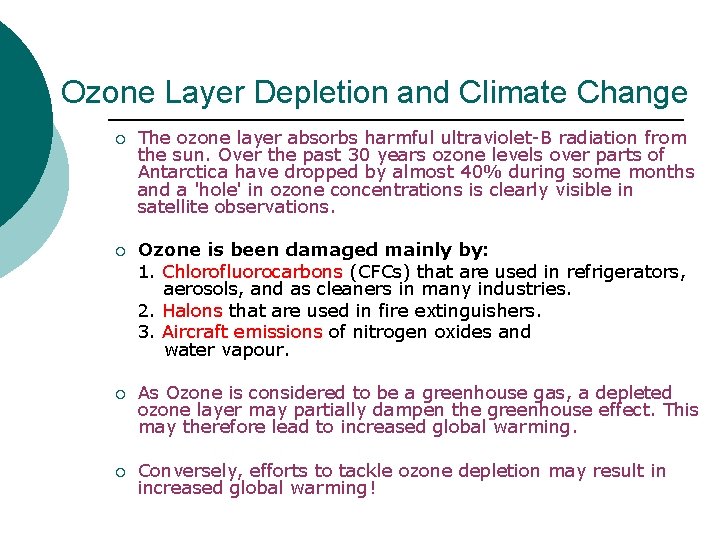 Ozone Layer Depletion and Climate Change ¡ The ozone layer absorbs harmful ultraviolet-B radiation