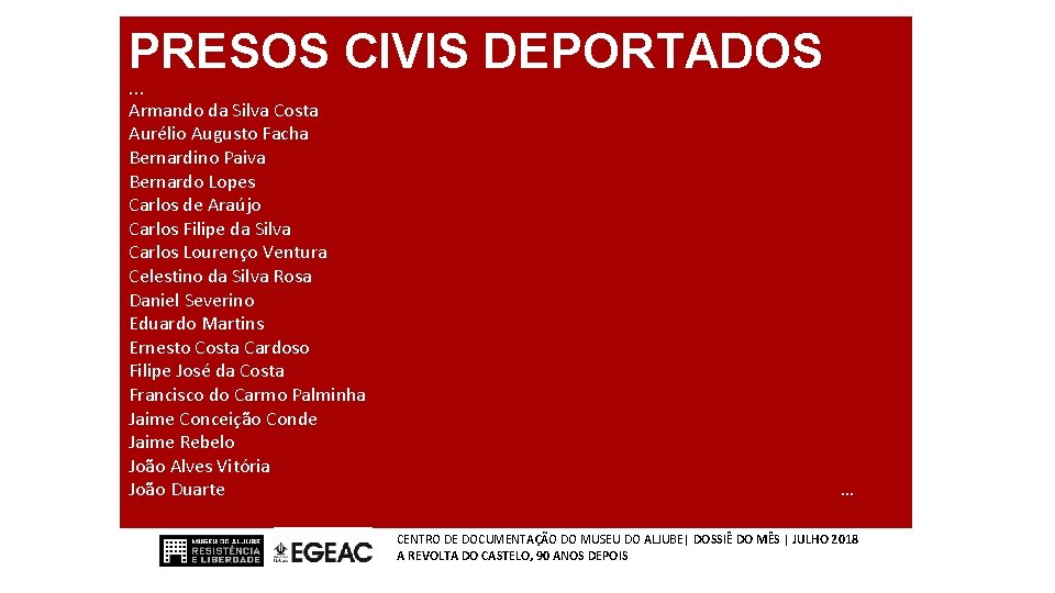 PRESOS CIVIS DEPORTADOS … Armando da Silva Costa Aurélio Augusto Facha Bernardino Paiva Bernardo