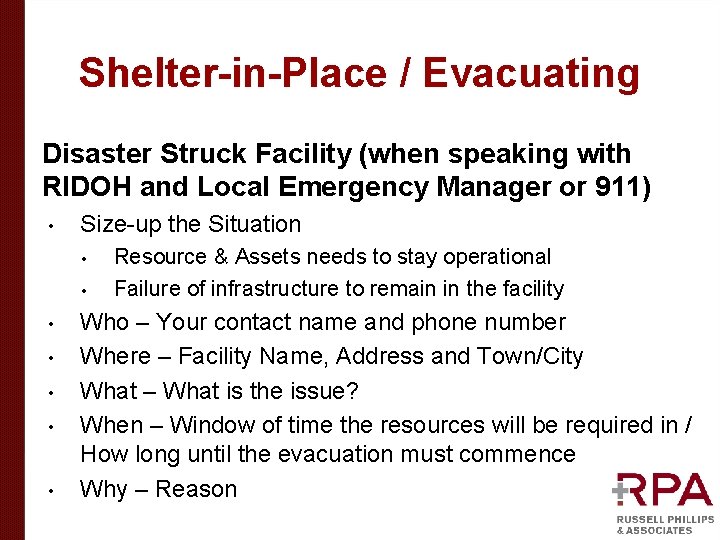 Shelter-in-Place / Evacuating Disaster Struck Facility (when speaking with RIDOH and Local Emergency Manager