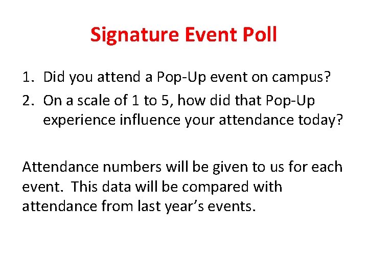 Signature Event Poll 1. Did you attend a Pop-Up event on campus? 2. On