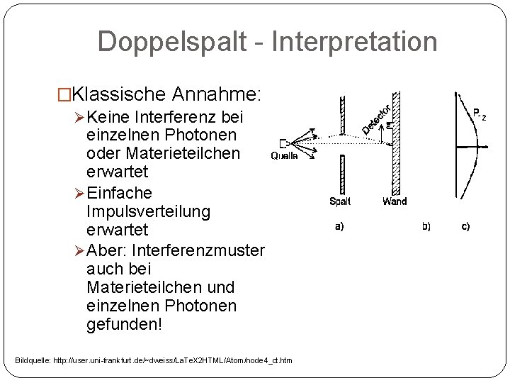 Doppelspalt - Interpretation �Klassische Annahme: Ø Keine Interferenz bei einzelnen Photonen oder Materieteilchen erwartet