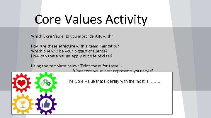Core Values Activity Which Core Value do you most identify with? How are these